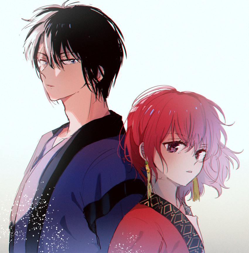1boy, 1girl, akatsuki_no_yona, back-to-back, black_hair, blue_eyes, earrings, hak_(akatsuki_no_yona)