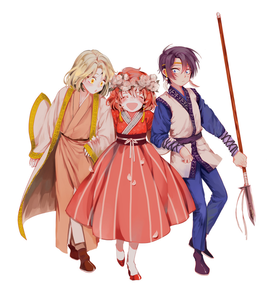 1girl, 2boys, akatsuki_no_yona, black_hair, blonde_hair, blue_eyes, child, chuma