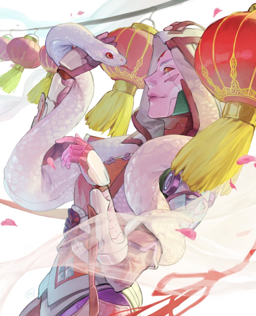 1girl, absurdres, android, animal, apex_legends, ash_(titanfall_2), bossan_3310, colored_sclera, highres, holding, holding_animal, lantern, leaning_back, name_connection, object_namesake, official_alternate_costume, opalescent_serpent_ash, orange_eyes, petals, red_eyes, red_sclera, simulacrum_(titanfall), snake, solo, tongue, tongue_out