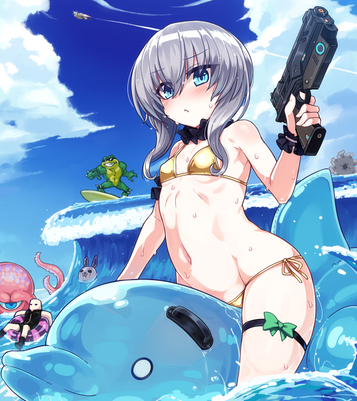 1girl, bare_shoulders, battletoads, bikini, blue_eyes, blue_sky, blush, breasts, cloud, commentary_request, covered_navel, day, finger_on_trigger, frills, gold_bikini, grey_hair, gun, handgun, holding, indie_virtual_youtuber, looking_at_viewer, lowleg, lowleg_bikini, navel, ocean, otsuyama_heidi, rash_(battletoads), side-tie_bikini_bottom, sky, small_breasts, swimsuit, thigh_strap, thighs, umaway, virtual_youtuber, weapon