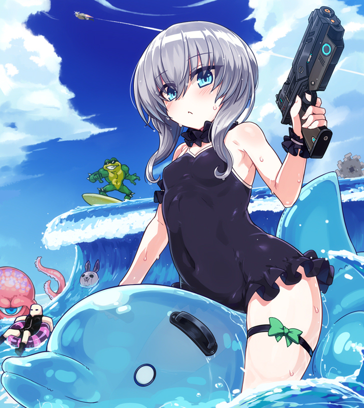 1girl, bare_shoulders, battletoads, black_one-piece_swimsuit, blue_eyes, blue_sky, blush, breasts