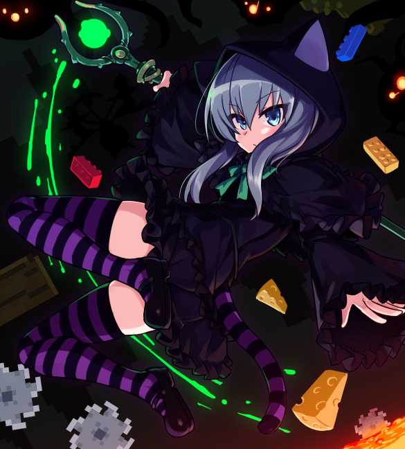 1girl, animal_ears, animal_hood, black_dress, blue_eyes, bow, bowtie, cat_ears