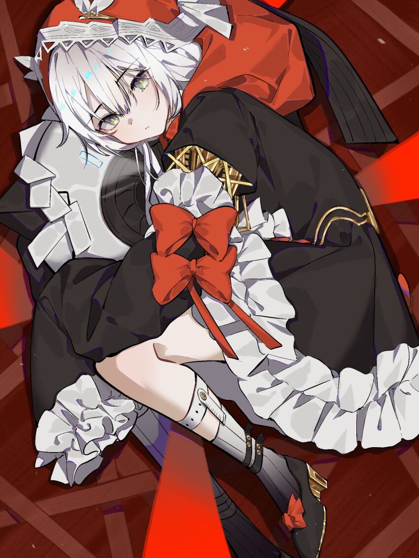 1girl, arm_ribbon, bare_legs, black_dress, closed_mouth, dress, frilled_dress, frills