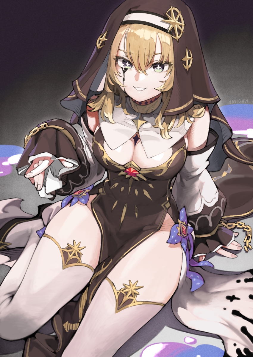 1girl, absurdres, bleeding, blonde_hair, blood, bloody_tears, breasts, celestine_(letmebid), chain, cleavage, cleavage_cutout, clothing_cutout, commentary_request, commission, cross-shaped_pupils, habit, hair_between_eyes, highres, jun_(navigavi), large_breasts, long_sleeves, looking_at_viewer, medium_hair, nun, nun_headdress, on_floor, original, pelvic_curtain, signature, sitting, skeb_commission, sleeves_past_wrists, solo, symbol-shaped_pupils, thighhighs
