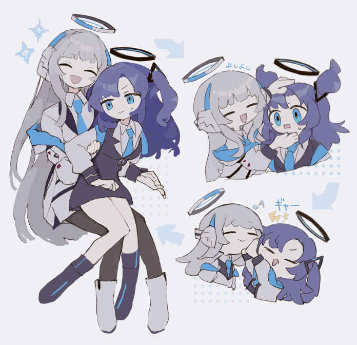 2girls, :>, black_dress, black_pantyhose, blue_archive, blue_eyes, blue_necktie, blunt_bangs