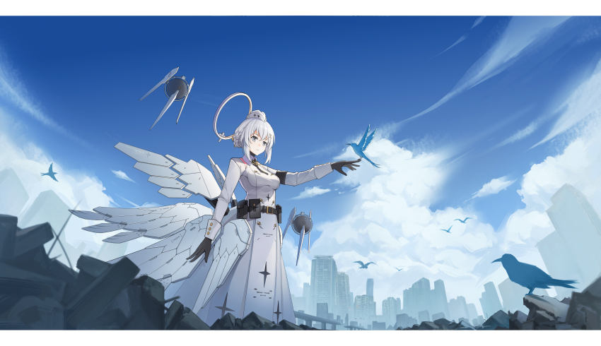 1girl, absurdres, armlet, beret, bird, black_gloves, blue_bird, cityscape