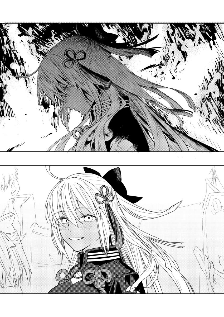 2boys, 2girls, ahoge, black_bow, bow, dark-skinned_female, dark_persona, dark_skin