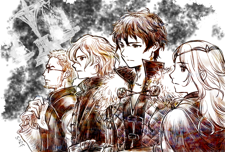 1girl, 3boys, artist_name, beard, benedict_pascal, cape, closed_mouth, diadem