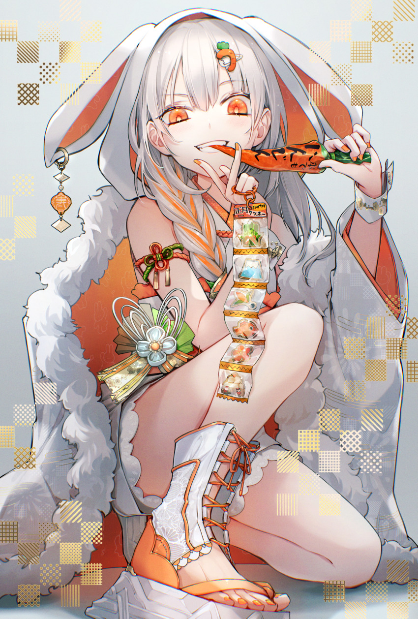 1girl, animal_hood, arm_strap, biting, braid, carrot, food, fur_trim
