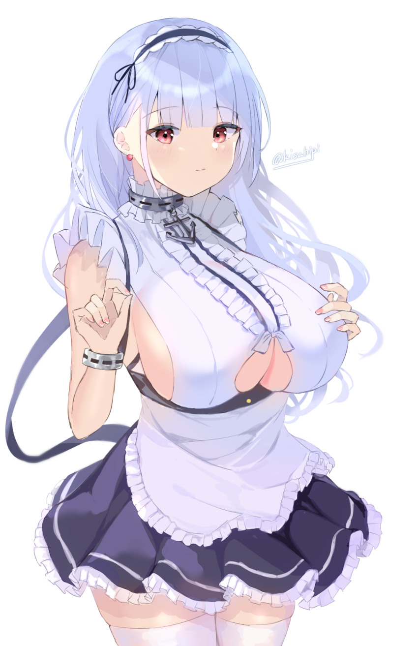1girl, anchor_choker, apron, artist_name, azur_lane, breasts, center_frills, clothing_cutout
