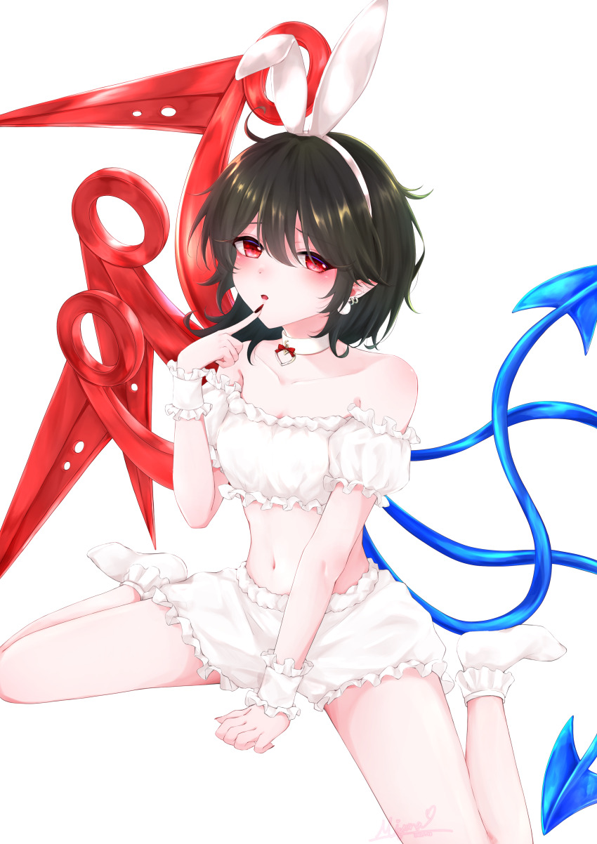 1girl, :d, absurdres, alternate_costume, animal_ears, asymmetrical_wings, bare_shoulders, black_hair