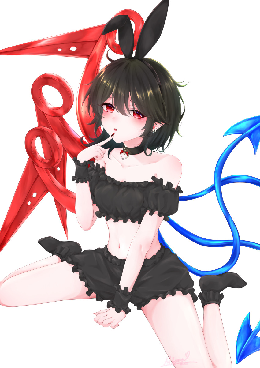 1girl, :d, absurdres, alternate_costume, animal_ears, asymmetrical_wings, bare_shoulders, black_choker, black_hair, black_skirt, black_sleeves, black_socks, black_tube_top, blue_wings, breasts, choker, collarbone, detached_sleeves, earrings, fake_animal_ears, finger_to_mouth, frilled_skirt, frilled_socks, frilled_tube_top, frills, hair_between_eyes, highres, houjuu_nue, jewelry, looking_at_viewer, medium_hair, midriff, miniskirt, miyuna, multiple_earrings, navel, open_mouth, pointy_ears, rabbit_ears, red_eyes, red_nails, red_wings, short_sleeves, simple_background, sitting, skirt, small_breasts, smile, socks, solo, strapless, thighs, touhou, tube_top, uneven_eyes, wariza, white_background, wings, wrist_cuffs