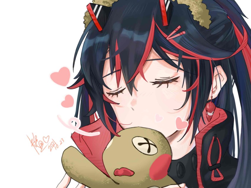 1girl, black_hair, black_jacket, closed_eyes, commentary_request, dated, hair_between_eyes, heart