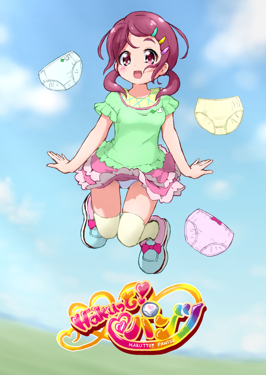 1girl, blue_shoes, character_request, cure_cotton, female_focus, full_body, green_shirt, hair_ornament