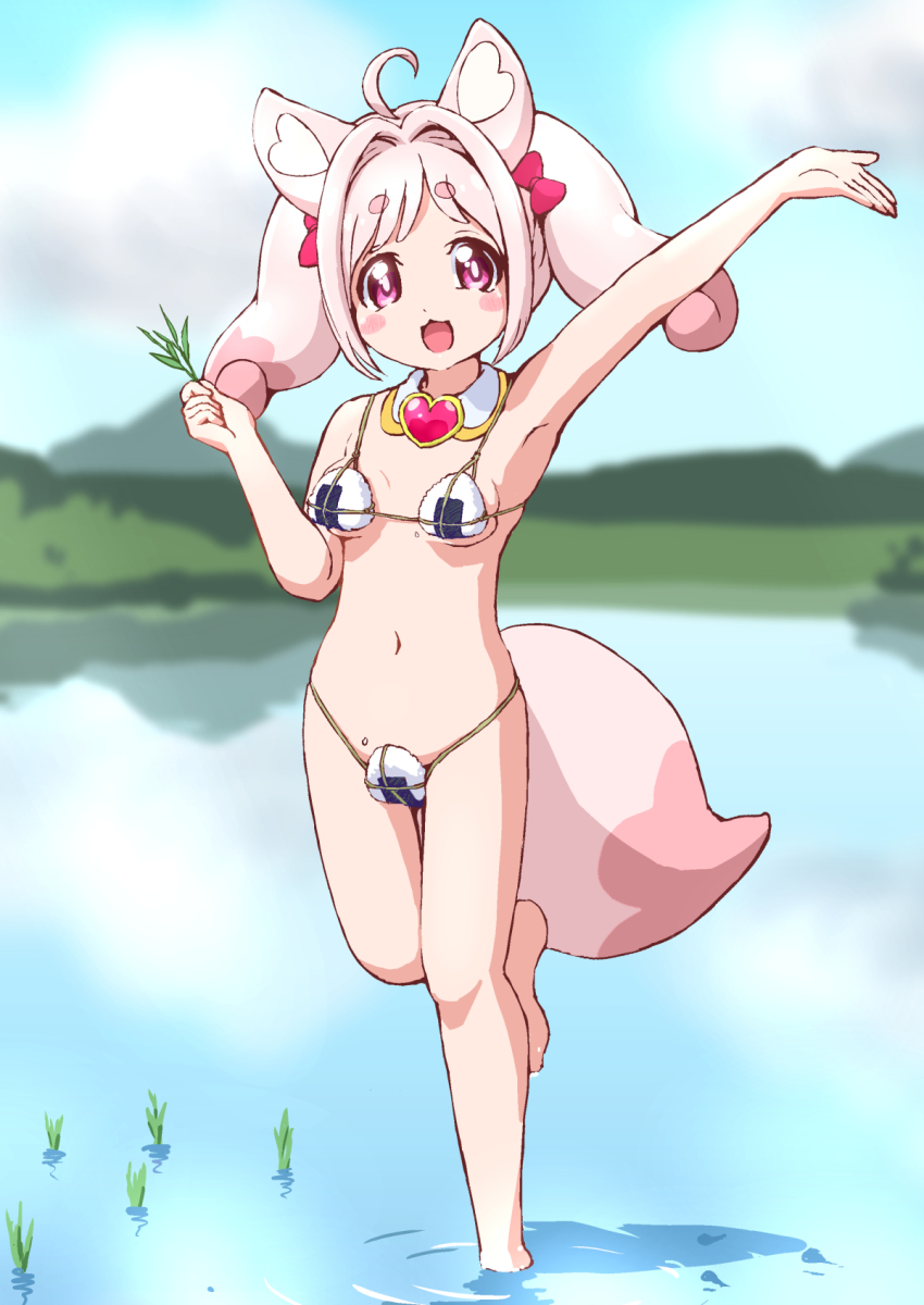 1girl, ahoge, animal_ear_fluff, animal_ears, arm_up, armpits, barefoot, bikini, cloud, cure_cotton, delicious_party_precure, detached_collar, feet, female_focus, food, food_on_body, fox_girl, fox_tail, hair_intakes, heart, highres, kome-kome, kome-kome_(human), leg_up, legs, loli, long_hair, looking_at_viewer, micro_bikini, onigiri, open_mouth, outdoors, pink_eyes, pink_hair, precure, sky, smile, solo, standing, standing_on_one_leg, swimsuit, tail, thighs, twintails, wading, water, white_bikini