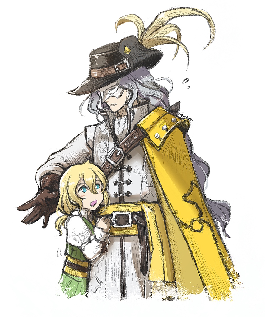 2boys, aged_down, belt, blonde_hair, blue_eyes, cape, child, commentary_request, gloves, grey_hair, half_mask, hat, hat_feather, highres, long_hair, male_focus, mask, maxwell_trier, mixed-language_commentary, multiple_boys, niyasu, open_mouth, roland_glenbrook, simple_background, triangle_strategy, white_background