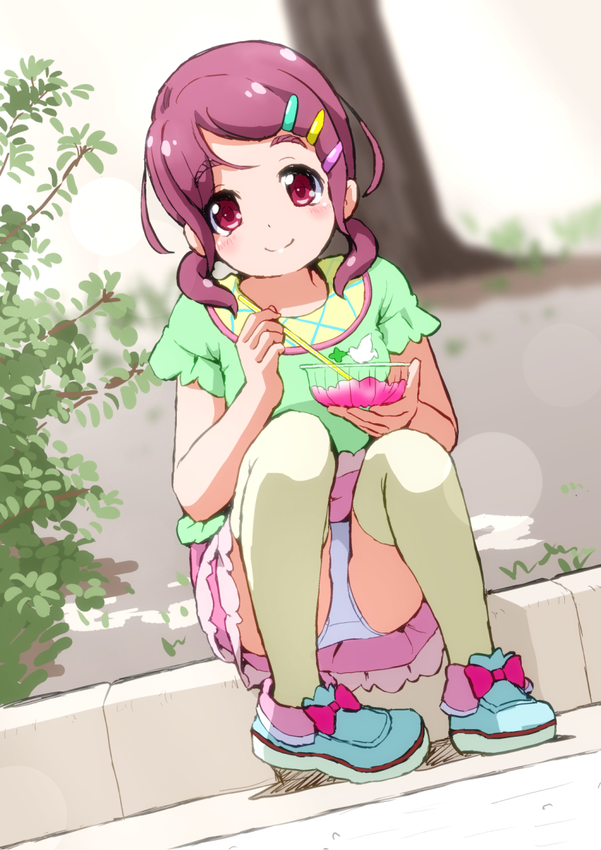 1girl, blue_shoes, blush, character_request, cure_cotton, female_focus, food, full_body, green_shirt, hair_ornament, hairclip, highres, loli, long_hair, looking_at_viewer, low_twintails, nono_kotori, outdoors, panties, pantyshot, pink_skirt, precure, purple_eyes, purple_hair, shaved_ice, shirt, shoes, short_sleeves, short_twintails, sitting, skirt, smile, solo, thighhighs, twintails, underwear, upskirt, white_panties, white_thighhighs
