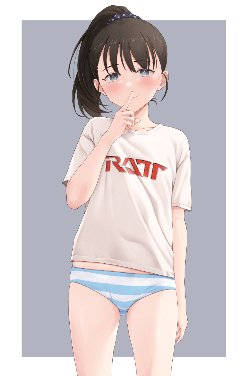 1girl, absurdres, alternate_costume, band_shirt, black_hair, blush, commentary_request, cow, female_focus, finger_to_mouth, fukuyama_mai, hair_ornament, hair_scrunchie, highres, idolmaster, idolmaster_cinderella_girls, light_smile, loli, long_hair, looking_at_viewer, merchandise, migita_(hirayuaki), no_pants, panties, ponytail, ratt, scrunchie, shirt, short_sleeves, shushing, simple_background, smile, solo, standing, striped_clothes, striped_panties, t-shirt, underwear, white_shirt