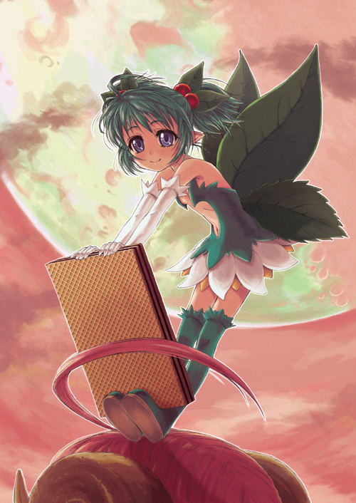 2girls, boots, fairy, green_boots, green_hair, konoha_(shinrabanshou), multiple_girls, pink_bloom_miyabi, pointy_ears, purple_eyes, shinrabanshou, solo_focus, takanashi, thighhighs, twintails, wings