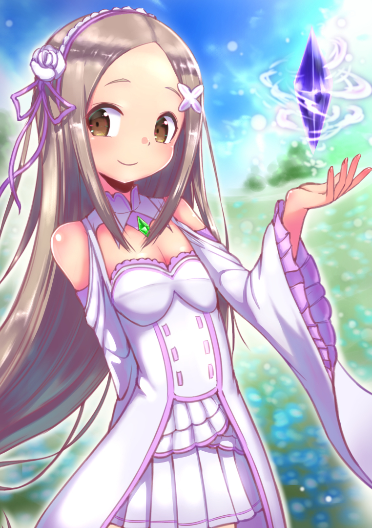 alternate_costume, blue_sky, brown_eyes, cosplay, day, diamond, dress, emilia_(re:zero)
