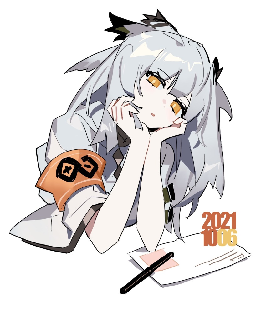 1girl, animal_ears, arknights, armband, dated, elbows_on_table, grey_hair, head_on_hand, head_rest, head_tilt, highres, letter, looking_at_viewer, orange_eyes, pen, ptilopsis_(arknights), ptilopsis_(elite_ii)_(arknights), rhine_lab_logo, shime52631, simple_background, sketch, solo, white_background
