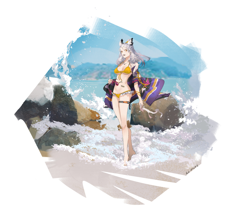 1girl, absurdres, arknights, bikini, cliff, cross_stitch, unworn_eyewear, full_body, highres, holding, holding_removed_eyewear, huibai_bri, jewelry, long_hair, looking_to_the_side, necklace, ocean, open_mouth, orange_eyes, ptilopsis_(arknights), standing, swimsuit, thigh_strap, walking, waves, white_hair