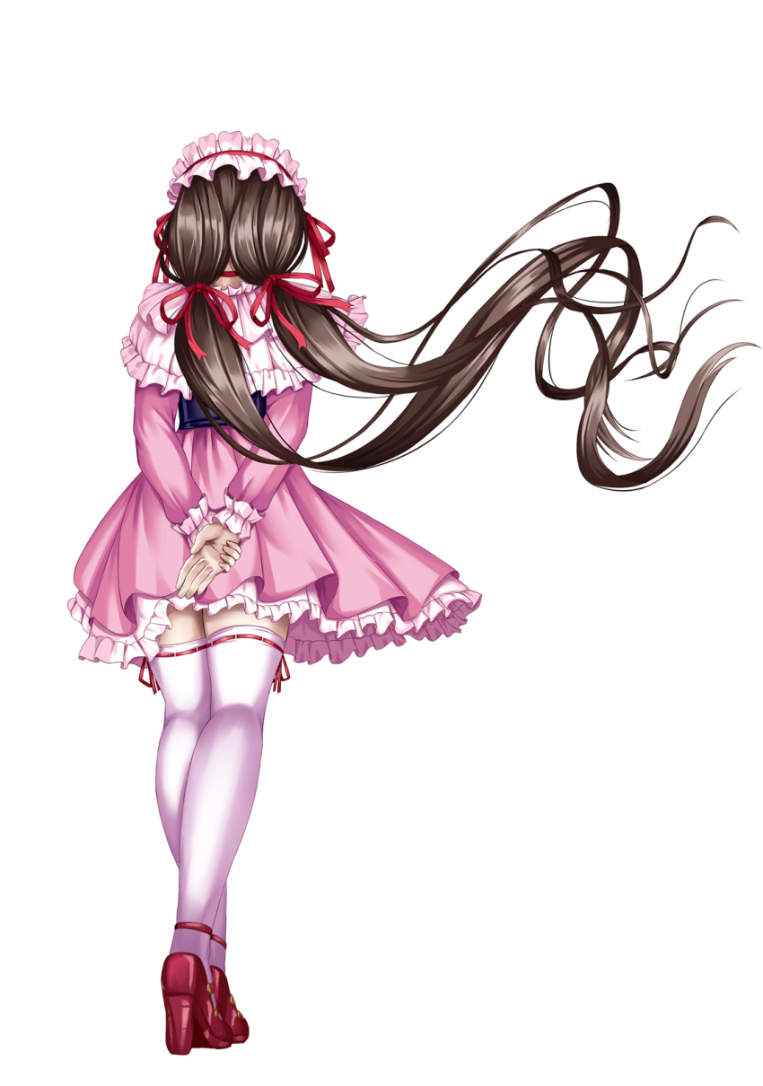 1girl, arms_behind_back, brown_eyes, brown_hair, dress, facing_away, frilled_dress, frilled_hairband