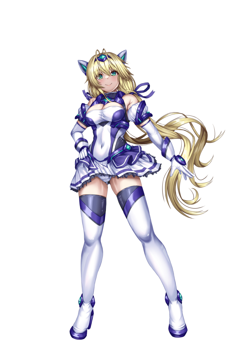 1girl, blonde_hair, blue_ribbon, blue_socks, boots, commentary_request, detached_sleeves, dress
