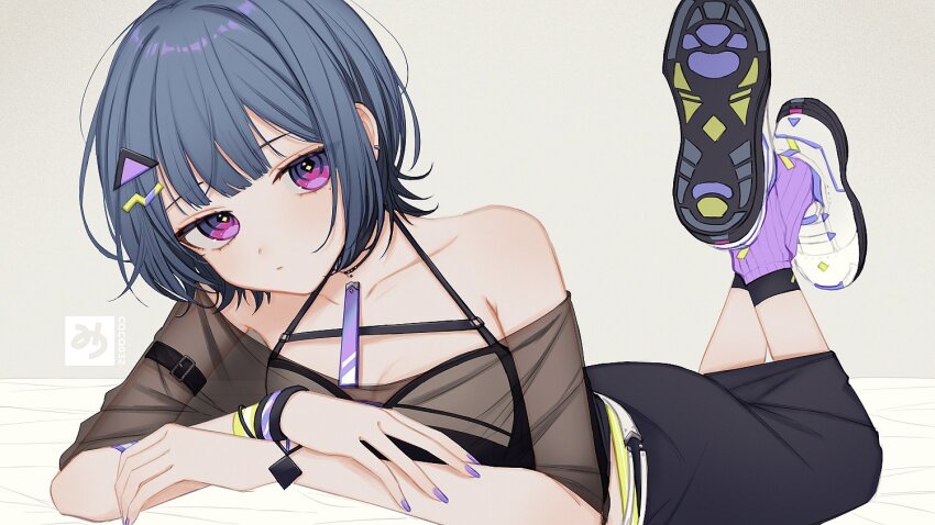 1girl, arm_belt, bare_shoulders, black_camisole, black_choker, black_shirt, black_skirt, blue_hair