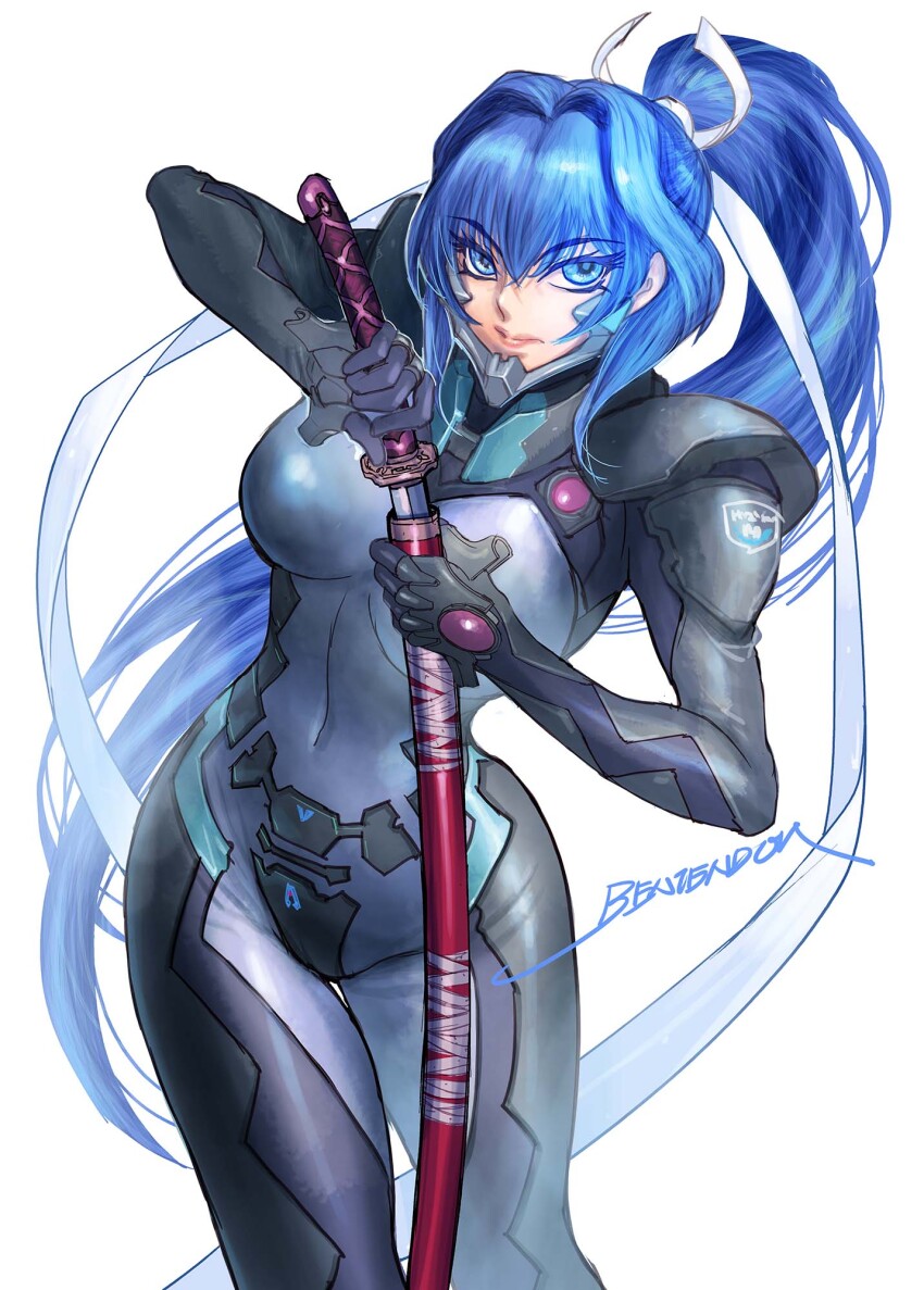 1girl, artist_name, black_gloves, blue_bodysuit, blue_eyes, blue_hair, bodysuit, covered_navel