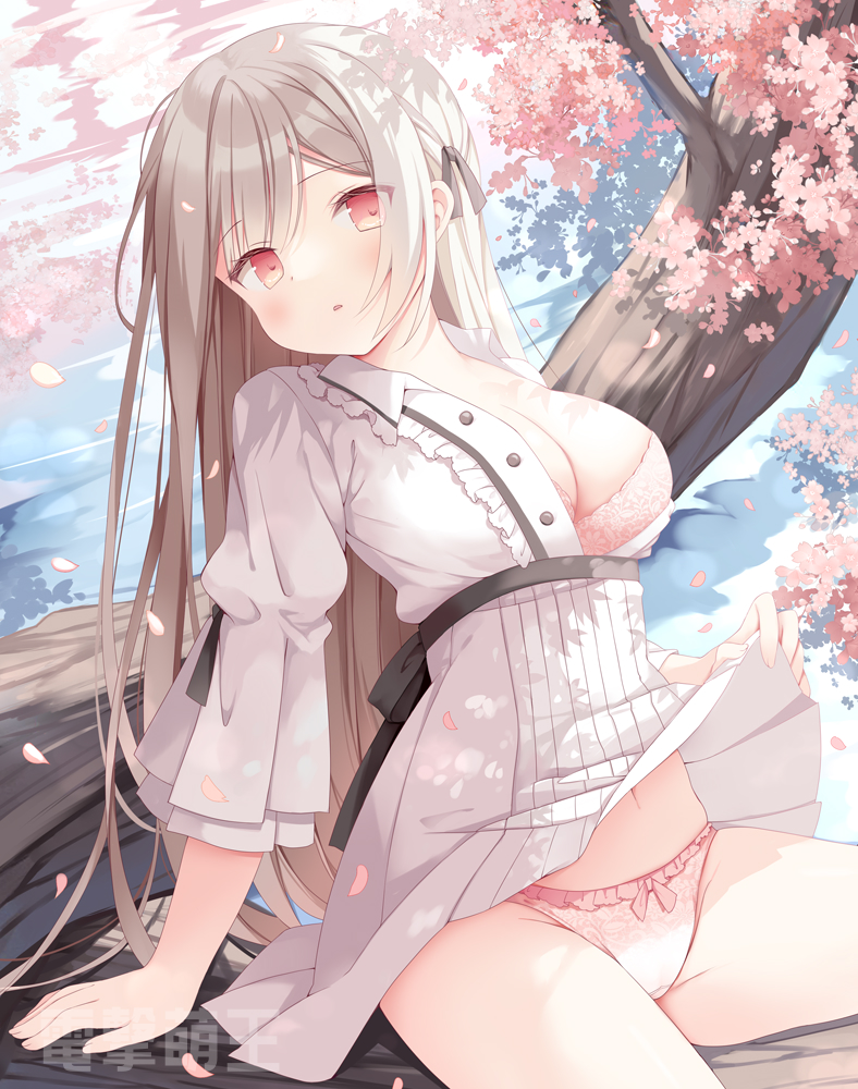 1girl, blush, bow, bra, breasts, brown_hair, cherry_blossoms, cleavage