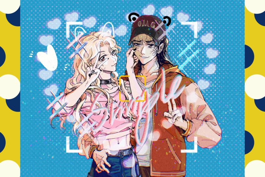 1boy, 1girl, absurdres, baseball_cap, bishounen, black_hair, blonde_hair, blue_background