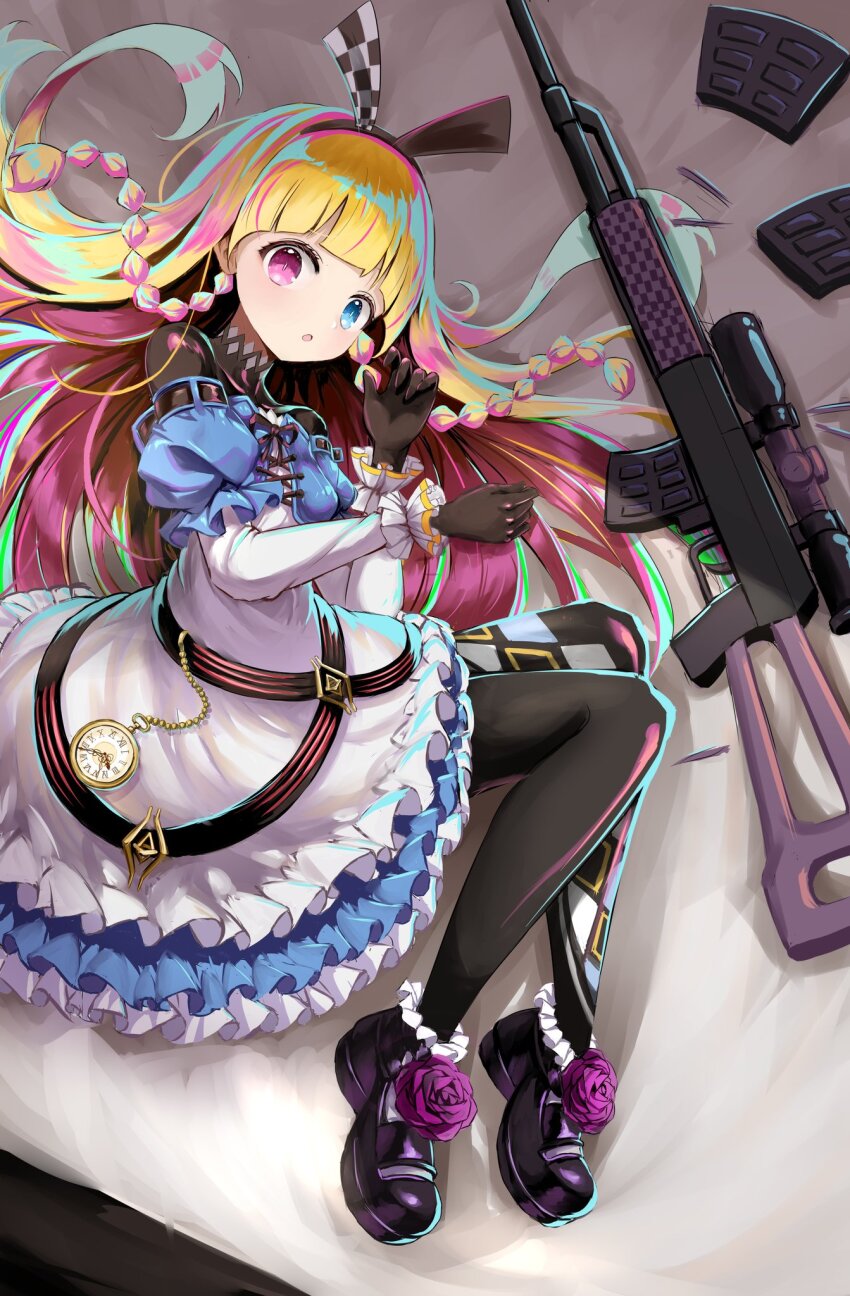 1girl, :o, alyce_(dohna_dohna), asymmetrical_legwear, black_bodysuit, black_footwear, black_gloves, blue_dress