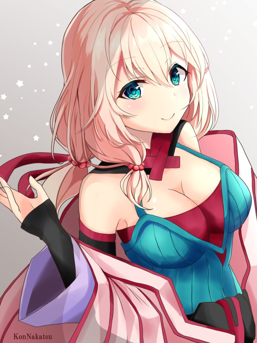 aqua_eyes, arm_warmers, bare_shoulders, detached_sleeves, dress, hair_ornament, hair_scrunchie, halter_dress