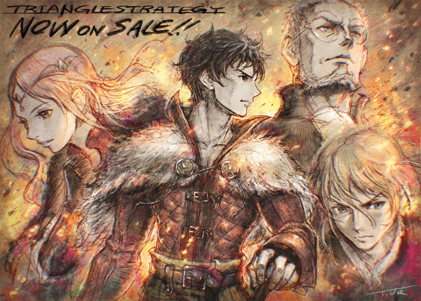 1girl, 3boys, belt, benedict_pascal, black_hair, blonde_hair, capelet, copyright_name, diadem, english_text, frederica_aesfrost, fur_capelet, glass, gloves, long_hair, looking_afar, looking_to_the_side, multiple_boys, official_art, old, old_man, pink_hair, roland_glenbrook, serenoa_wolffort, signature, square_enix, triangle_strategy, upper_body, urushihara_(square_enix), white_hair