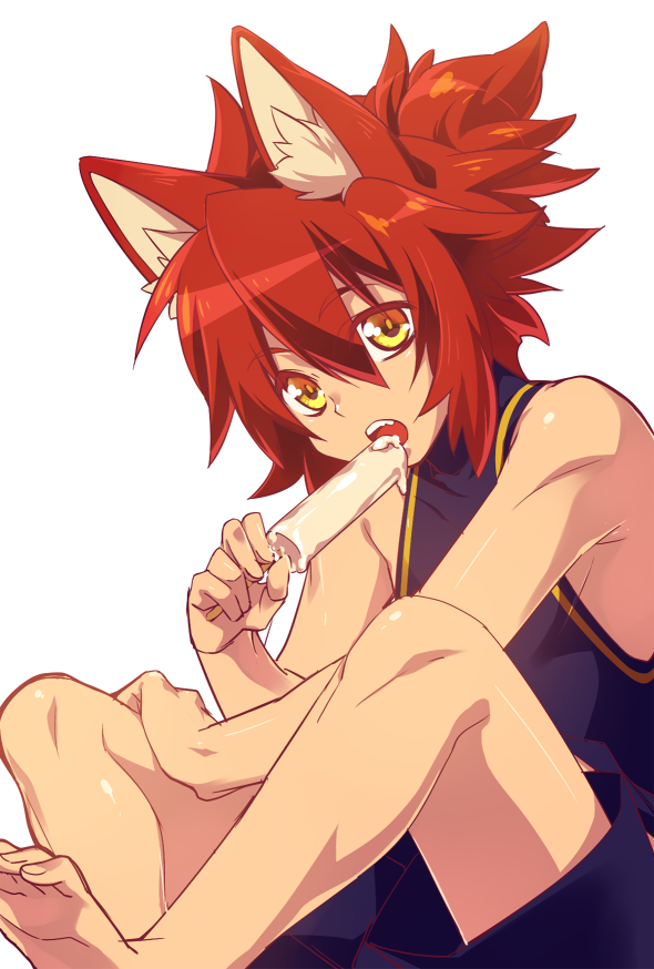 1girl, animal_ear_fluff, animal_ears, bare_arms, bare_shoulders, barefoot, black_shirt, black_shorts, copyright_request, feet_out_of_frame, food, hair_between_eyes, holding, holding_food, kanikame, masurao_(sekaiju), masurao_1_(sekaiju), open_mouth, popsicle, red_hair, shirt, shorts, simple_background, sleeveless, sleeveless_shirt, soles, solo, teeth, upper_teeth_only, white_background, yellow_eyes