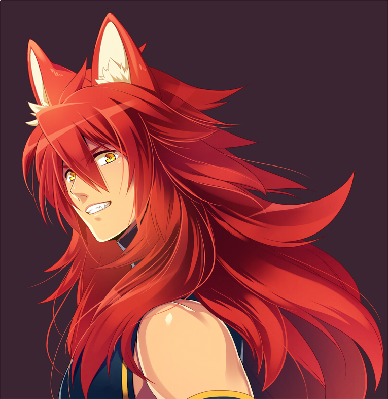 1boy, animal_ear_fluff, animal_ears, bare_shoulders, black_shirt, brown_background, etrian_odyssey, hair_between_eyes