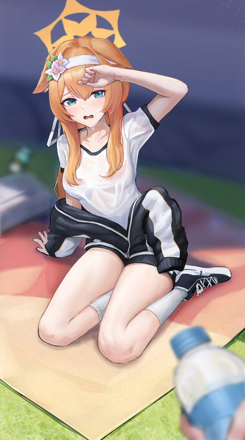 1boy, 1girl, absurdres, animal_ears, arm_support, blue_archive, blue_eyes, blurry