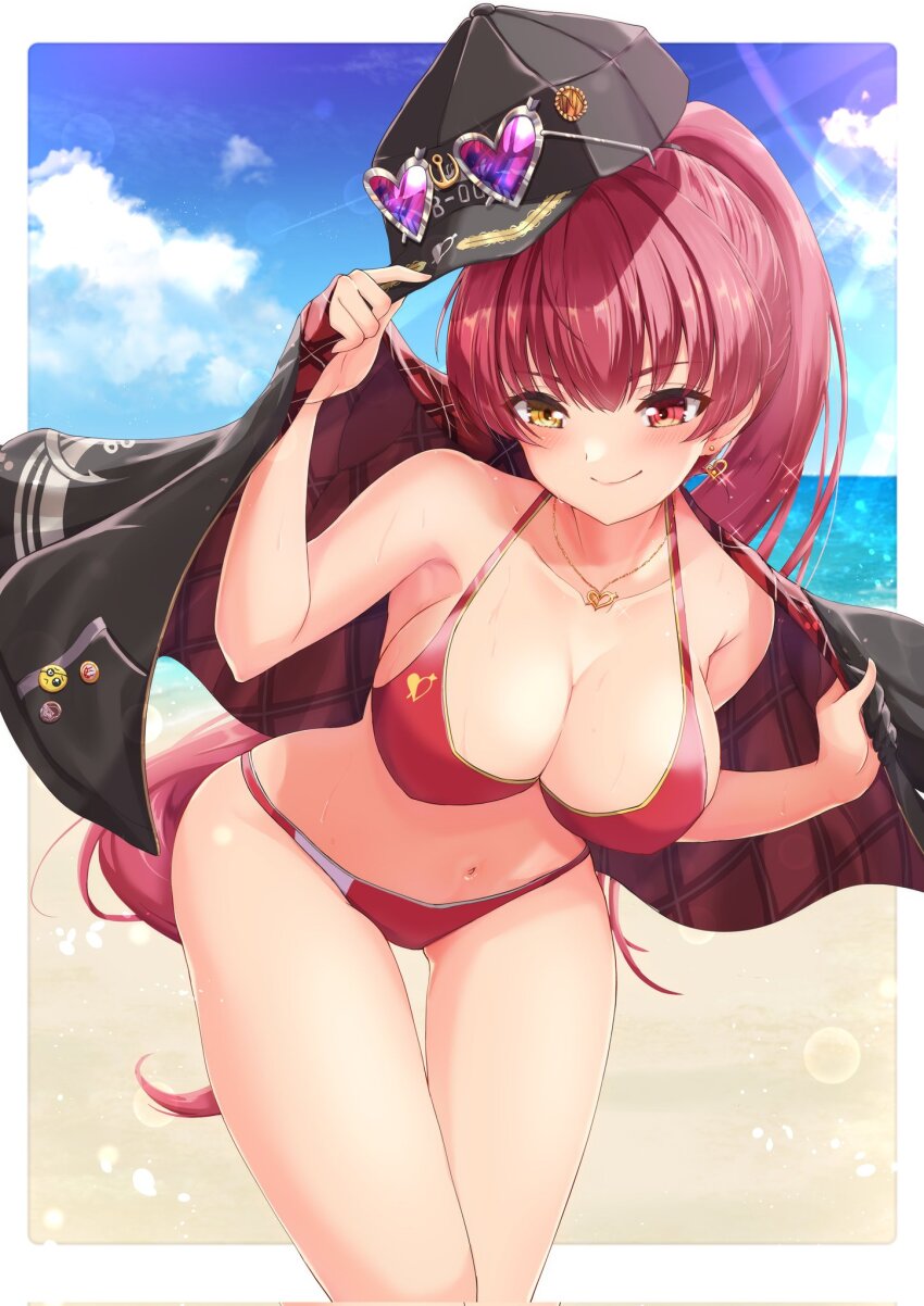 1girl, bare_shoulders, baseball_cap, bikini, black_hat, black_jacket, blush, breasts, cleavage, closed_mouth, earrings, halterneck, hat, heart, heart-shaped_eyewear, heart_earrings, heart_necklace, heterochromia, high_ponytail, highres, hololive, houshou_marine, houshou_marine_(summer), jacket, jewelry, kuma_king, large_breasts, long_hair, looking_at_viewer, navel, necklace, ponytail, red_bikini, red_eyes, red_hair, smile, solo, string_bikini, sunglasses, swimsuit, twintails, virtual_youtuber, yellow_eyes