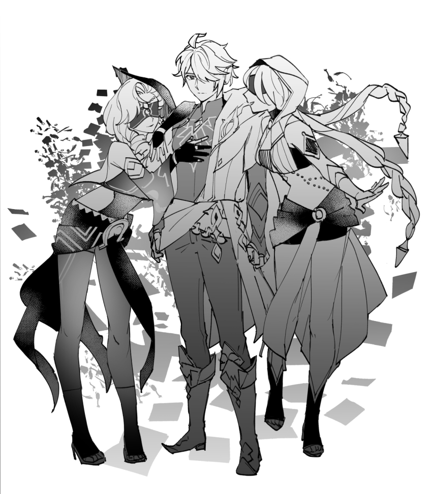 1boy, 2girls, alhaitham_(genshin_impact), bodysuit, boots, braid, clenched_hands, clothing_cutout