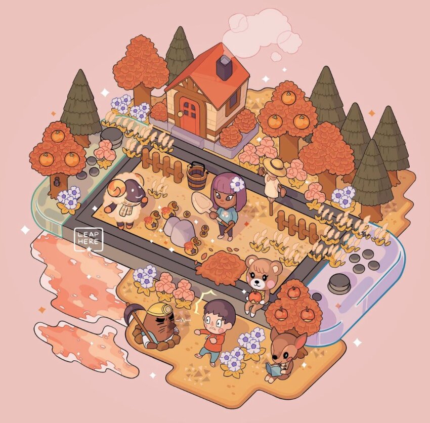 2boys, 4girls, animal_crossing, animal_crossing:_new_horizons, animal_ears, apple, artist_name, autumn