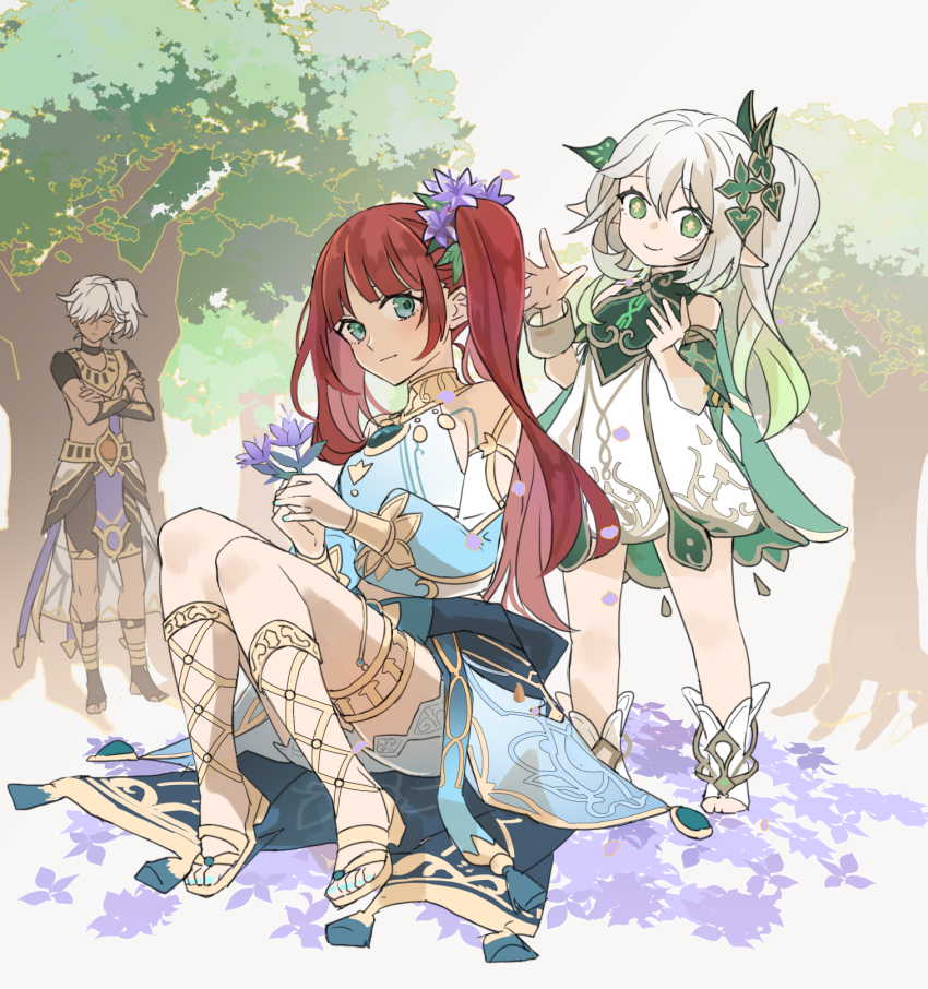 1boy, 2girls, barefoot_sandals_(jewelry), black_shorts, blue_eyes, blush, borrowed_hairstyle, cyno_(genshin_impact), dark-skinned_male, dark_skin, dress, flower, genshin_impact, green_eyes, grey_hair, hair_behind_ear, hair_flower, hair_ornament, halterneck, harem_outfit, head_tilt, highres, holding, holding_flower, kk_(kkgame7733), light_smile, looking_at_viewer, multiple_girls, nahida_(genshin_impact), nail_polish, nilou_(genshin_impact), pointy_ears, purple_flower, red_hair, shorts, shrug_(clothing), sitting, smile, stirrup_legwear, toeless_legwear, toenail_polish, toenails, tree, white_dress