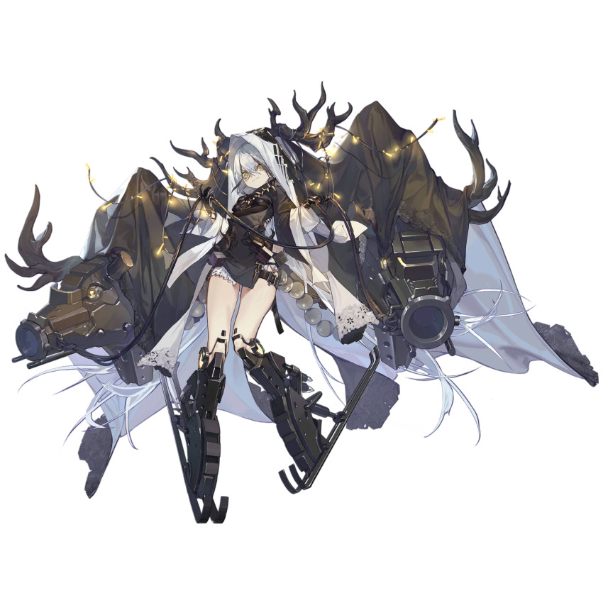 >:), 1girl, antlers, artist_request, black_cloak, black_gloves, black_hair, broken_antler