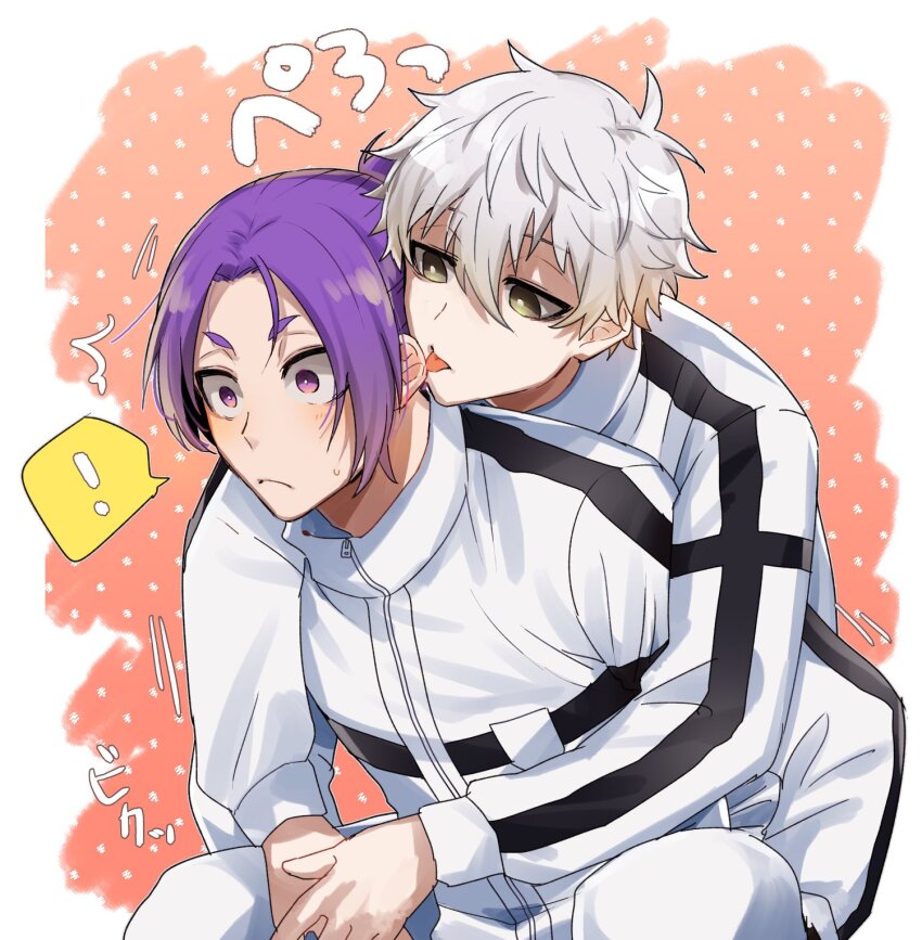 !, 2boys, ^^^, black_eyes, blue_lock, blush, bright_pupils, carrying, closed_mouth, commentary_request, ear_licking, hair_between_eyes, halftone, halftone_background, highres, jacket, leaning_forward, licking, long_sleeves, male_focus, mikage_reo, multiple_boys, nagi_seishirou, pants, parted_bangs, piggyback, pink_background, purple_eyes, purple_hair, short_hair, sidelocks, simple_background, speech_bubble, spoken_exclamation_mark, standing, surprised, sweatdrop, tongue, tongue_out, track_jacket, white_background, white_hair, white_jacket, white_pants, white_pupils, wide-eyed, yuu_(areruya)