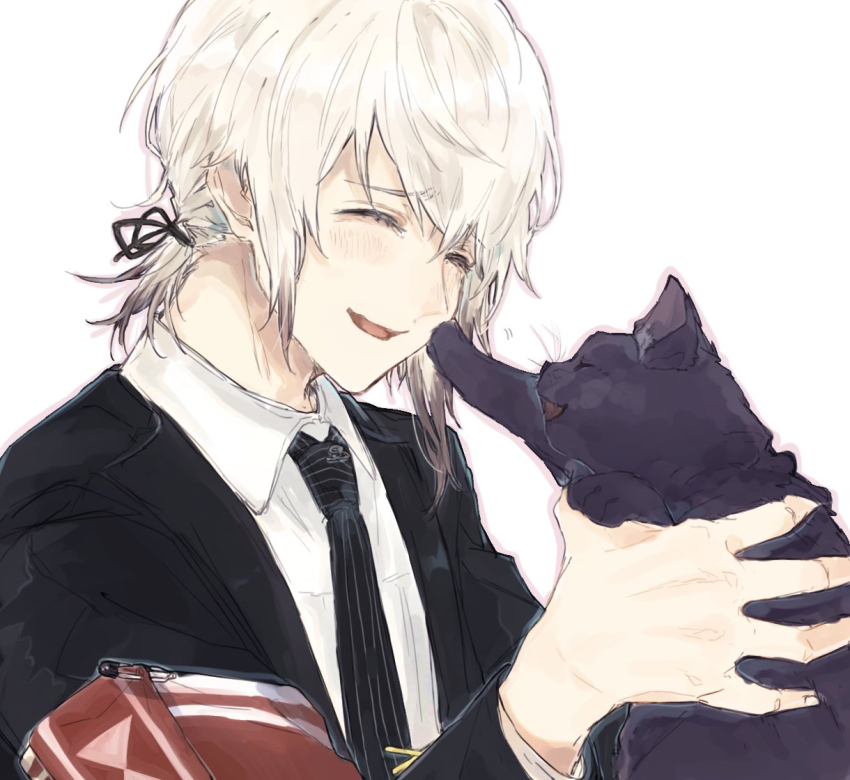 1boy, animal, black_cat, black_jacket, black_necktie, blush, cat, closed_eyes