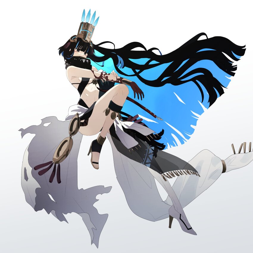 absurdres, black_hair, blue_hair, dress, fate/grand_order, fate_(series), feather_hair_ornament, feathers, hair_ornament, high_collar, high_heel_sandals, high_heels, highres, long_hair, multicolored_hair, ninjin_(ne_f_g_o), sandals, tenochtitlan_(fate), tenochtitlan_(first_ascension)_(fate), tenochtitlan_(third_ascension)_(fate)