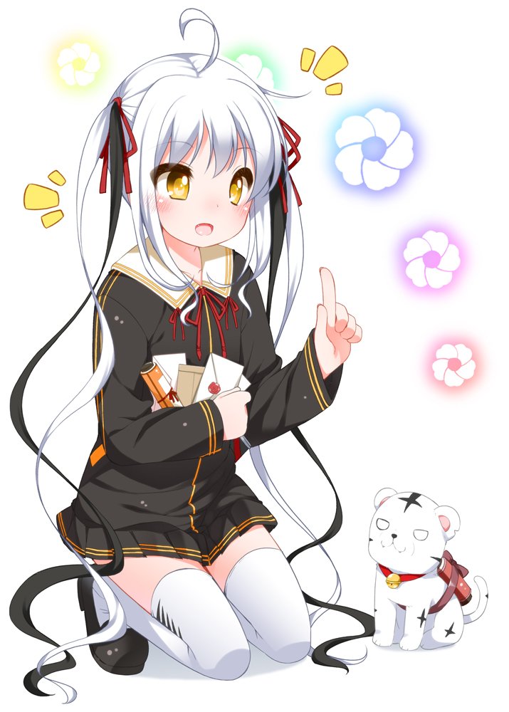 1girl, ahoge, baby_animal, black_dress, black_hair, dress, floral_background, gokotai_yoshimitsu