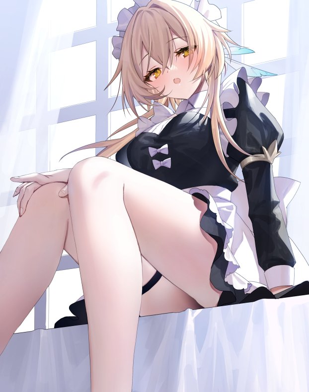 1girl, :o, apron, arm_support, armlet, bare_legs, black_dress, blonde_hair