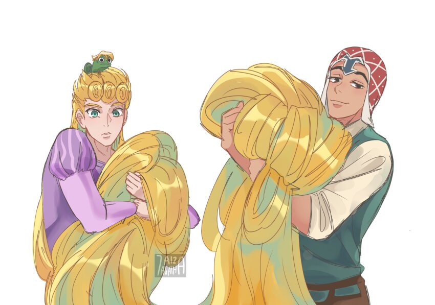 2boys, 7aizagatha, animalization, blonde_hair, chameleon, cosplay, crossdressing, crossdressing_(mtf)