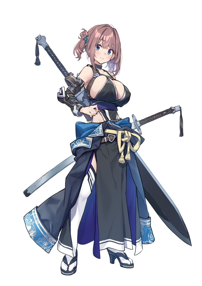 1girl, absurdres, baffu, bare_shoulders, blue_eyes, breasts, brown_hair, choker, cleavage, closed_mouth, covered_erect_nipples, full_body, greatsword, highres, hitoyo_(baffu), holding, holding_sword, holding_weapon, japanese_clothes, katana, kimono_around_waist, large_breasts, looking_at_viewer, medium_hair, nail_polish, one_side_up, original, sandals, sideboob, sidelocks, simple_background, smile, solo, sword, weapon, white_background